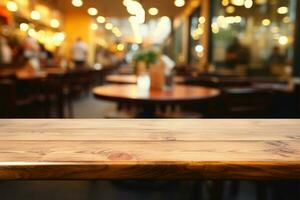 di legno bar tavolo in mezzo astratto, sfocato caffè negozio interno ambiance ai generato foto