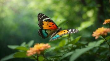 natura sfondo con un' bellissimo volante farfalla con verde foresta ai generativo foto