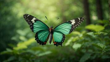 natura sfondo con un' bellissimo volante farfalla con verde foresta ai generativo foto