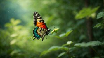 natura sfondo con un' bellissimo volante farfalla con verde foresta ai generativo foto