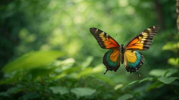 natura sfondo con un' bellissimo volante farfalla con verde foresta ai generativo foto