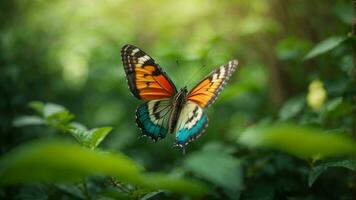 natura sfondo con un' bellissimo volante farfalla con verde foresta ai generativo foto