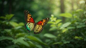 natura sfondo con un' bellissimo volante farfalla con verde foresta ai generativo foto