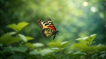 natura sfondo con un' bellissimo volante farfalla con verde foresta ai generativo foto