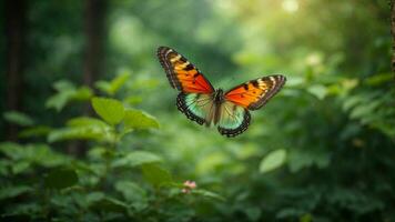 natura sfondo con un' bellissimo volante farfalla con verde foresta ai generativo foto