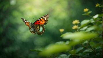 natura sfondo con un' bellissimo volante farfalla con verde foresta ai generativo foto