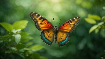 natura sfondo con un' bellissimo volante farfalla con verde foresta ai generativo foto