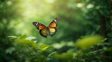 natura sfondo con un' bellissimo volante farfalla con verde foresta ai generativo foto