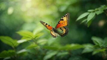 natura sfondo con un' bellissimo volante farfalla con verde foresta ai generativo foto