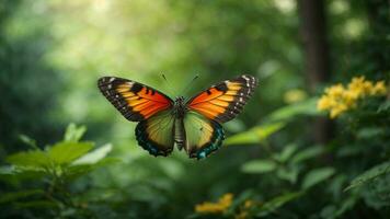 natura sfondo con un' bellissimo volante farfalla con verde foresta ai generativo foto