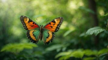 natura sfondo con un' bellissimo volante farfalla con verde foresta ai generativo foto