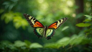 natura sfondo con un' bellissimo volante farfalla con verde foresta ai generativo foto