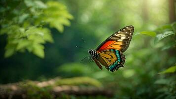 natura sfondo con un' bellissimo volante farfalla con verde foresta ai generativo foto