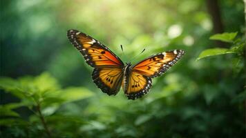 natura sfondo con un' bellissimo volante farfalla con verde foresta ai generativo foto