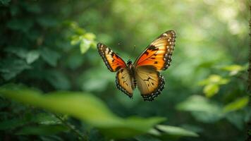 natura sfondo con un' bellissimo volante farfalla con verde foresta ai generativo foto