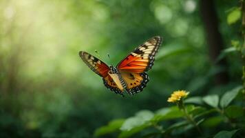 natura sfondo con un' bellissimo volante farfalla con verde foresta ai generativo foto