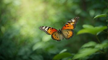 natura sfondo con un' bellissimo volante farfalla con verde foresta ai generativo foto