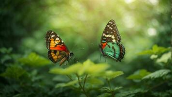 natura sfondo con un' bellissimo volante farfalla con verde foresta ai generativo foto