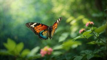 natura sfondo con un' bellissimo volante farfalla con verde foresta ai generativo foto