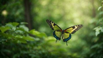 natura sfondo con un' bellissimo volante farfalla con verde foresta ai generativo foto