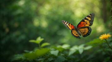 natura sfondo con un' bellissimo volante farfalla con verde foresta ai generativo foto