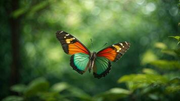 natura sfondo con un' bellissimo volante farfalla con verde foresta ai generativo foto