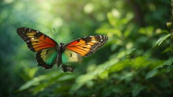 natura sfondo con un' bellissimo volante farfalla con verde foresta ai generativo foto