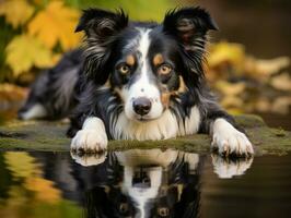 cane e suo riflessione nel un' calma stagno ai generativo foto