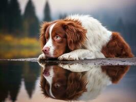 cane e suo riflessione nel un' calma stagno ai generativo foto