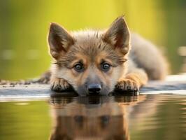 cane e suo riflessione nel un' calma stagno ai generativo foto