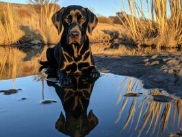 cane e suo riflessione nel un' calma stagno ai generativo foto