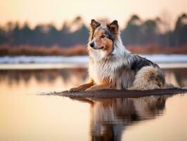 cane e suo riflessione nel un' calma stagno ai generativo foto