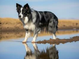 cane e suo riflessione nel un' calma stagno ai generativo foto