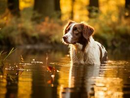 cane e suo riflessione nel un' calma stagno ai generativo foto