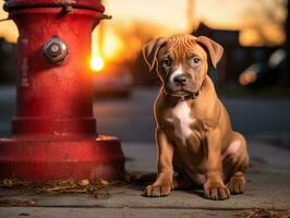 carino cucciolo seduta di un' fuoco idrante ai generativo foto