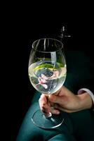 trasparente cocktail con lime nel un' vino bicchiere su un' buio sfondo lato Visualizza foto