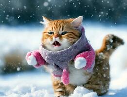 evidenziare il gioia di un' carino gatto sperimentare suo primo incontrare con neve, inverno concetto foto