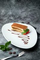 spugna torta pieno con fragole, menta e cioccolato sciroppo su un' bianca piatto lato Visualizza foto