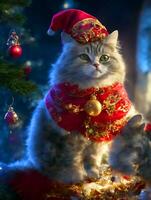 Natale momento con un' unico gatto vestito nel festivo abbigliamento, getto un' sillabare di vacanza Magia. foto