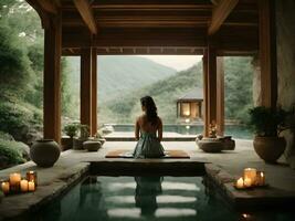 donna Meditare nel yoga posa a il nuoto piscina nel lusso Hotel foto