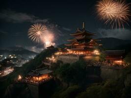 kiyomizu-dera tempio e fuochi d'artificio a notte, kyoto, Giappone foto