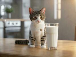 carino gatto e un' bicchiere di lattecon bellissimo sfondo ai generativo. foto