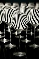 ottico illusione di monocromatico modelli nel vino bicchieri utilizzando a strisce fondali catturato nel un' tavolozza di assoluto nero puro bianca e in scala di grigi pendenza foto
