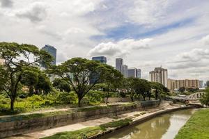 enormi grattacieli dietro la natura tropicale e il fiume, kuala lumpur. foto