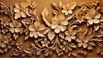 generativo ai, intaglio naturale di legno fiori, 3d modello, Marrone e beige sfondo foto