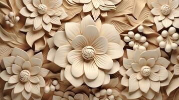 generativo ai, intaglio naturale di legno fiori, 3d modello, Marrone e beige sfondo foto