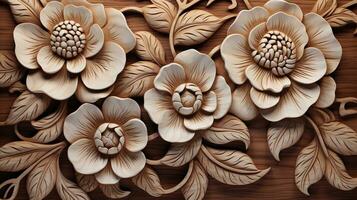 generativo ai, intaglio naturale di legno fiori, 3d modello, Marrone e beige sfondo foto