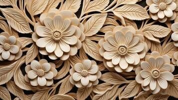 generativo ai, intaglio naturale di legno fiori, 3d modello, Marrone e beige sfondo foto