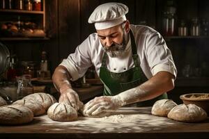 panettiere impasto Impasto nel rustico forno isolato su un' pendenza muschio verde sfondo foto