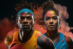 Multi etnico atleti nel dinamico azione catturato nel grassetto cinetico colore tavolozza foto